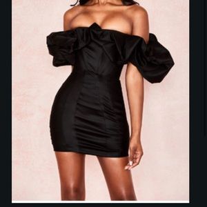 SELENA BLACK SATIN PUFF SHOULDER DRESS